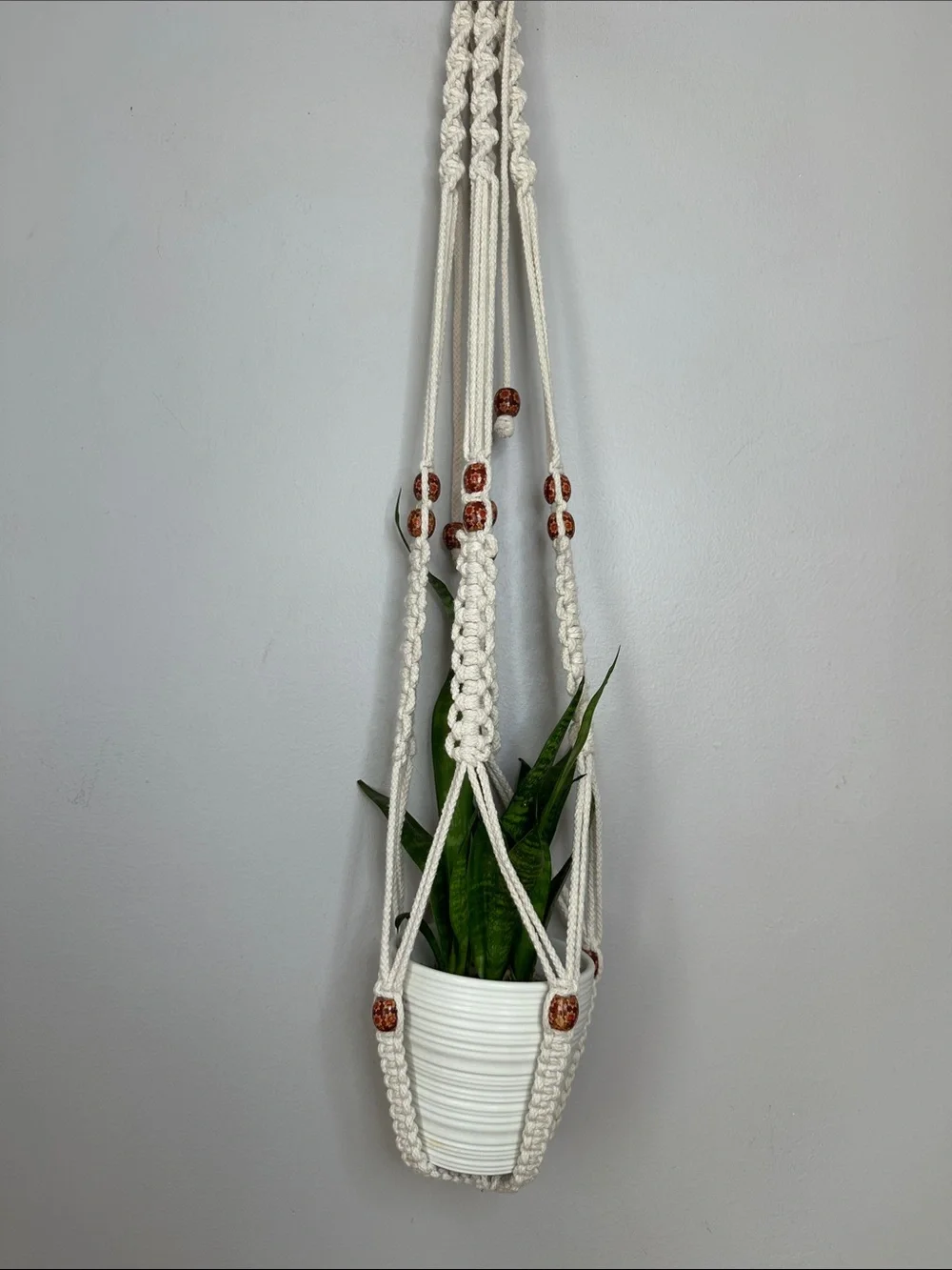 Cream Macramé Plant Hanger with Wooden Beads -